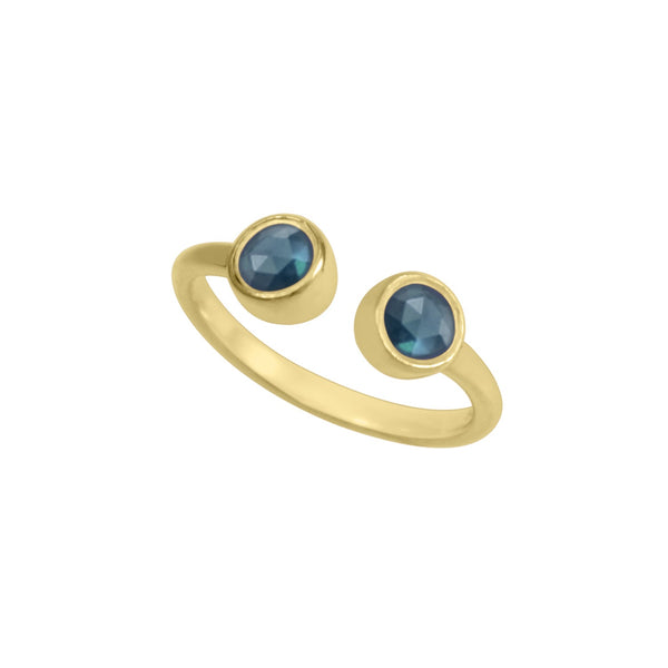 Fun and fashionable, this bezel set two stone ring is delicate on its own and trendy when stacked in multiples, handcrafted in 7 color options 1. Polished silver with two Blue Quartz stones 2. Polished silver with Blue Quartz and Labradorite stones 3. Yellow gold with two Blue Topaz stones 4. Yellow gold with Blue Topaz and Labradorite stones 5. Yellow gold with two Labradorite stones 6. Rose gold with two Rainbow Moon stones 7. Rose gold with two Rhodolite Garnet stones 8. Rose gold with Rhodolite Garnet a